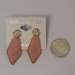 Women Earrings Drop Dangle Pink Glitter Rhinestones Silver Tones Push Back Faste